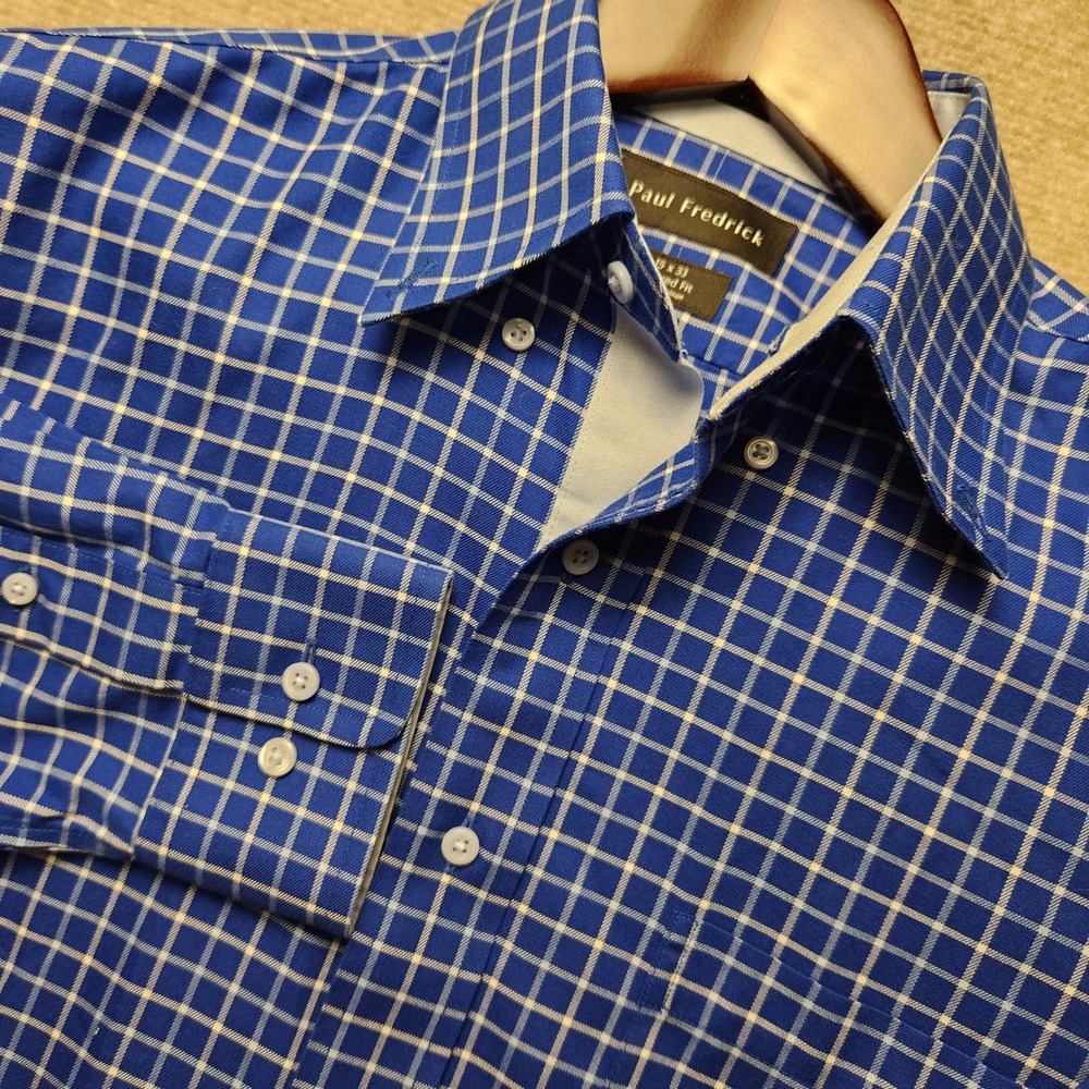 Paul Fredrick Dress Shirt Mens 15 x 33 Blue White Grid Check Tailored Fit